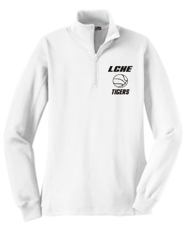 White LCHE Tigers Womens 1/4 zip pullover fleece with a "LCHE tigers" logo with a basketball design on the left chest.