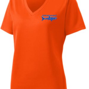 Springhurst Sharks Womens moisture wicking V Neck LST340 sports t-shirt with "springhurst sharks" logo printed in blue on the front.