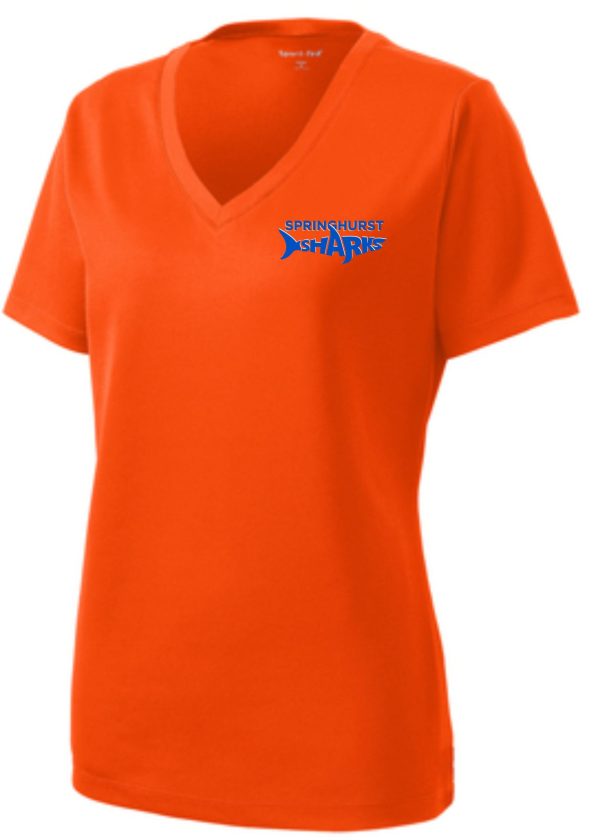 Springhurst Sharks Womens moisture wicking V Neck LST340 sports t-shirt with "springhurst sharks" logo printed in blue on the front.