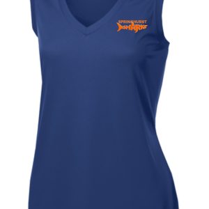 Springhurst Sharks sleeveless V Neck moisture wicking LST352 with "springhurst sharks" logo printed in orange and white on the chest.