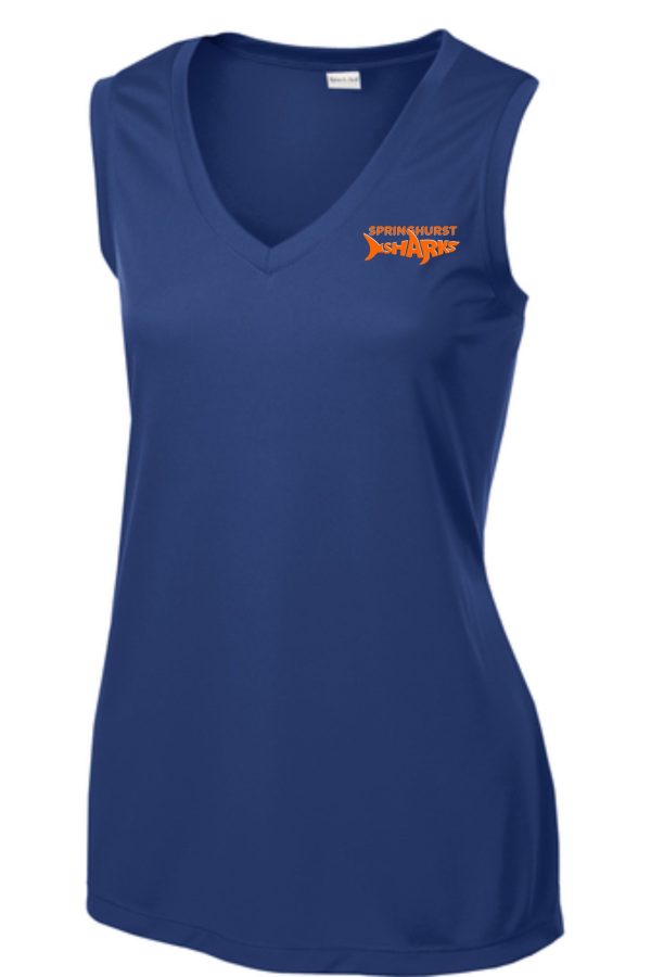 Springhurst Sharks sleeveless V Neck moisture wicking LST352 with "springhurst sharks" logo printed in orange and white on the chest.