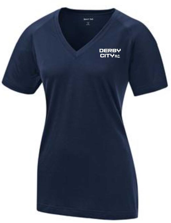 Navy blue Derby City AC Moisture wicking V neck LST 700 sports t-shirt with "derby city ac" logo on the chest.