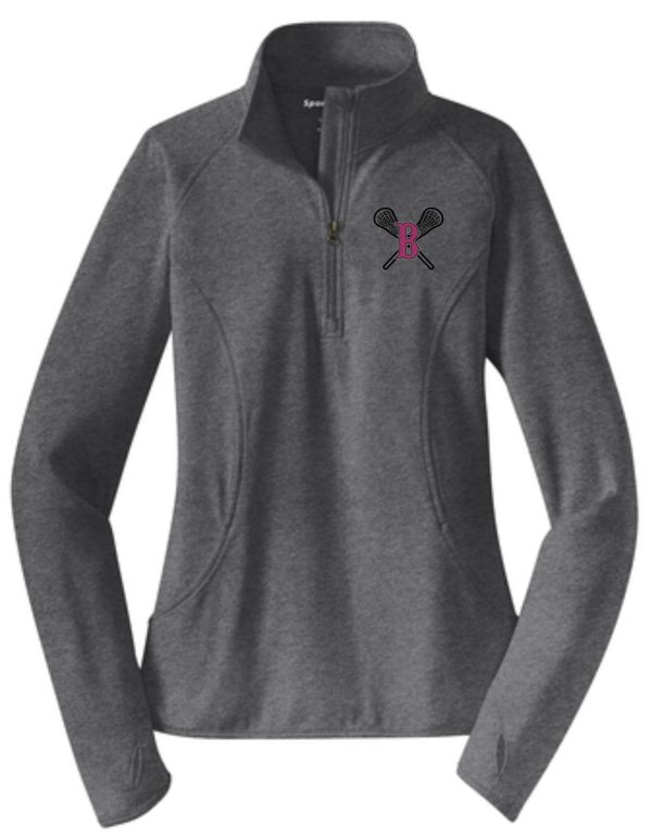 Grey Ballard LAX Ladies 1/2 zip fleece jacket with a pink butterfly logo on the left chest area.