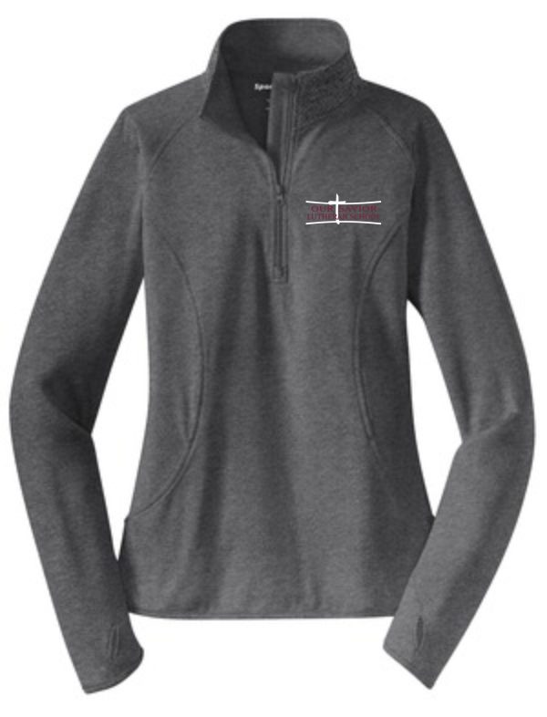 OSLS Ladies 1/2 zip embroidered stretch pullover LST850 with a half-zip front and embroidered logo on the left chest.