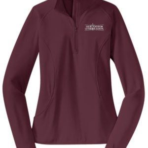 Burgundy quarter-zip pullover with "OSLS Ladies 1/2 zip embroidered stretch pullover" embroidered on the left chest.