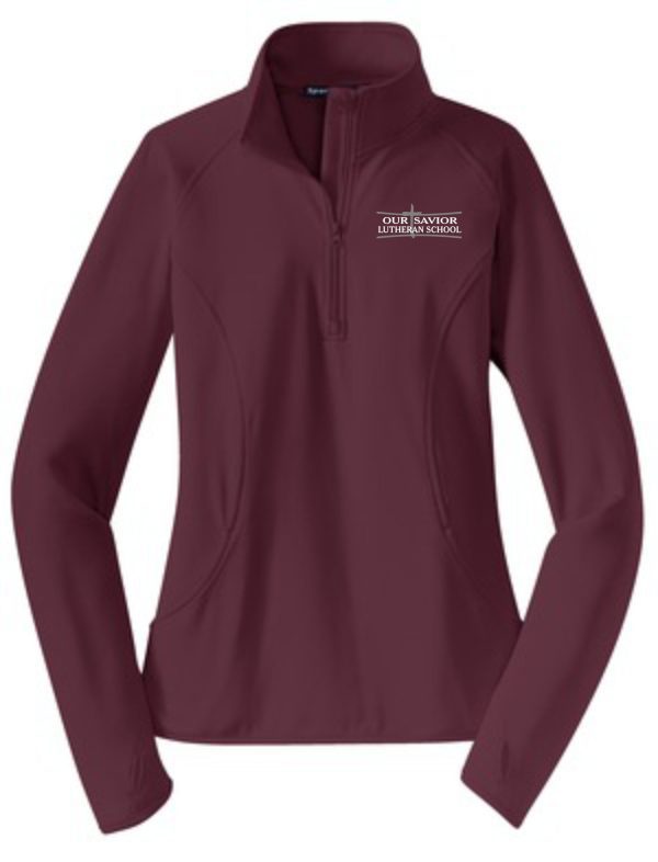 Burgundy quarter-zip pullover with "OSLS Ladies 1/2 zip embroidered stretch pullover" embroidered on the left chest.