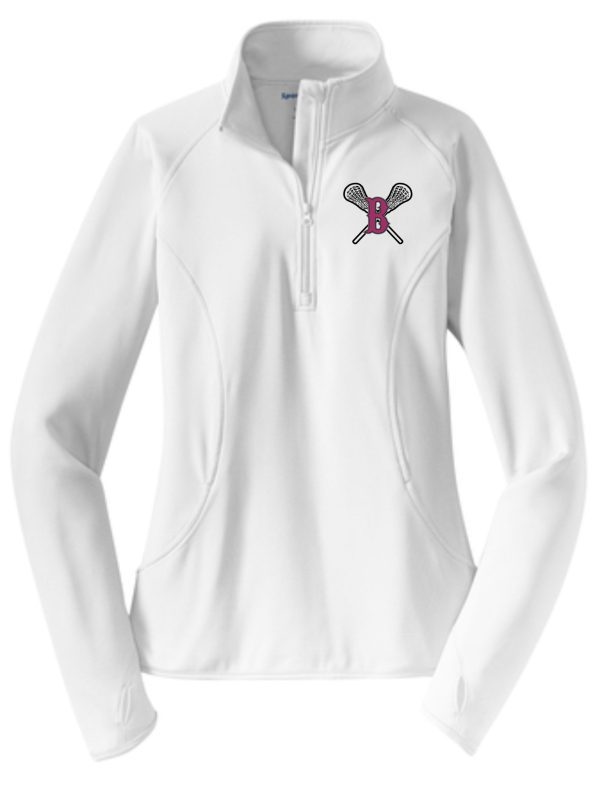 White zip-up fleece jacket with a graphic of a black and pink crossed tennis rackets emblem on the chest Ballard LAX Ladies 1/2 zip  pullover LST850.