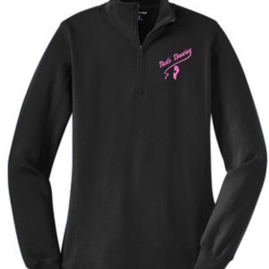 That's Dancing Womens Black 1/4 zip LST253 pullover with a logo and ribbon.