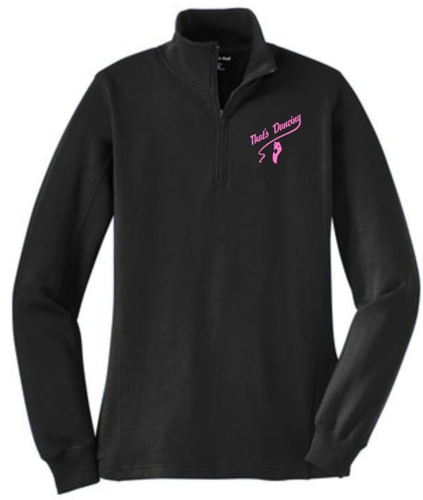 That's Dancing Womens Black 1/4 zip LST253 pullover with a logo and ribbon.