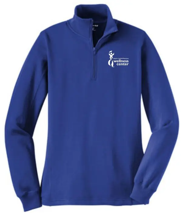 Blue long-sleeve shirt with wellness center logo.