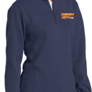 Woman wearing a navy blue Derby City AC Women 1/4 zip pullover with 'derby city mma' logo on the right chest.