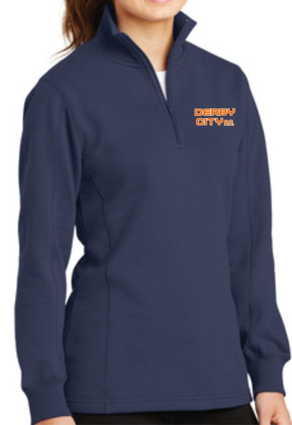 Woman wearing a navy blue Derby City AC Women 1/4 zip pullover with 'derby city mma' logo on the right chest.