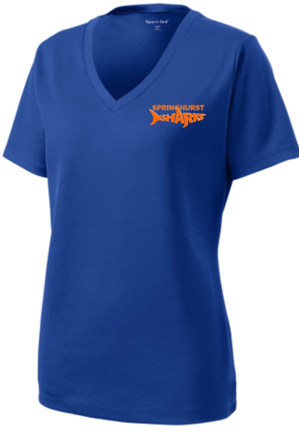 Blue Springhurst Sharks Womens moisture wicking V Neck LST340 sports t-shirt with the "springhurst sharks" logo printed in orange and white on the front.