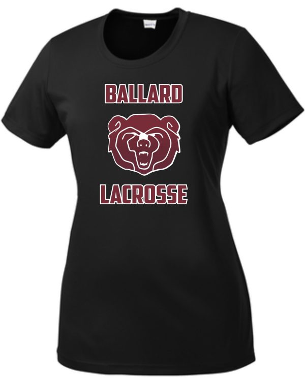 Black Ballard Lacrosse LADIES moisture wicking Tshirt LST350 with "ballard lacrosse" text and a graphic of a growling bear's face in maroon and white colors.