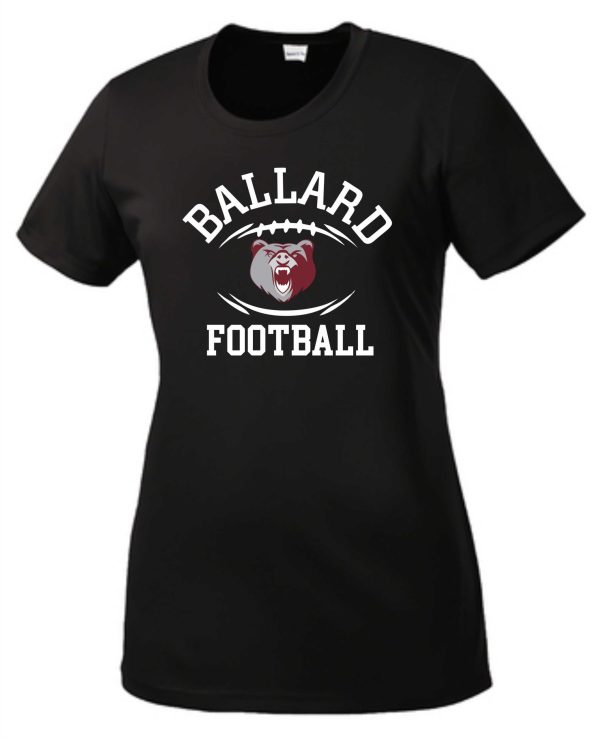 Black Ballard Football LADIES moisture wicking Tshirt LST350 featuring a stylized red and white bear's face above the text.