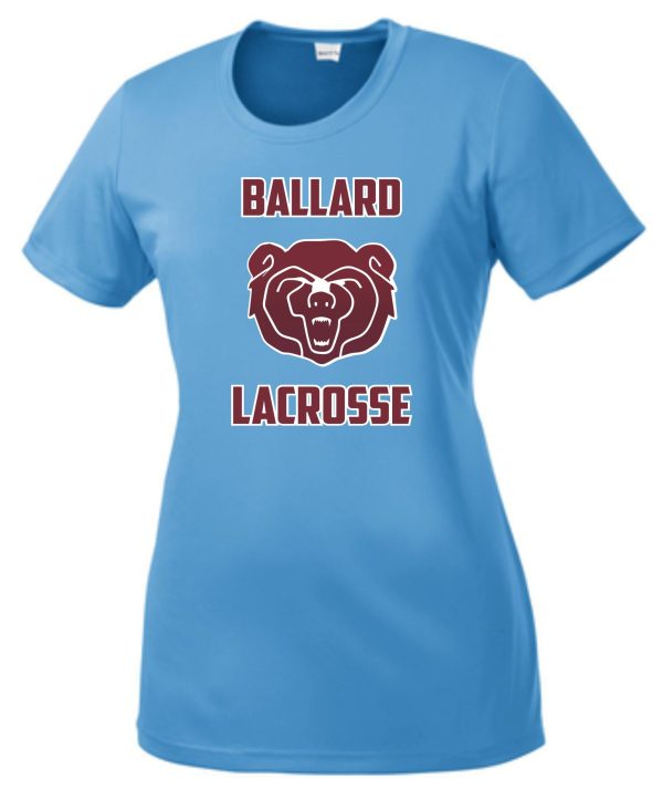 Light blue Ballard Lacrosse LADIES moisture wicking Tshirt LST350 featuring a stylized bear's face in maroon and white colors.