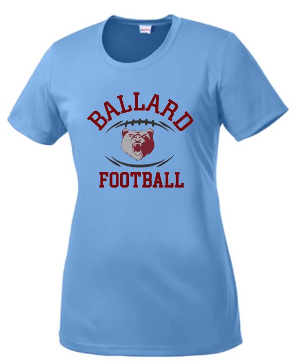 Ballard Football LADIES moisture wicking Tshirt LST350 with a graphic of a fierce bulldog's face in red and white.