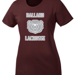 Maroon Ballard Lacrosse LADIES moisture wicking Tshirt LST350 with a white "ballard lacrosse" logo featuring a stylized bear's head above the text.