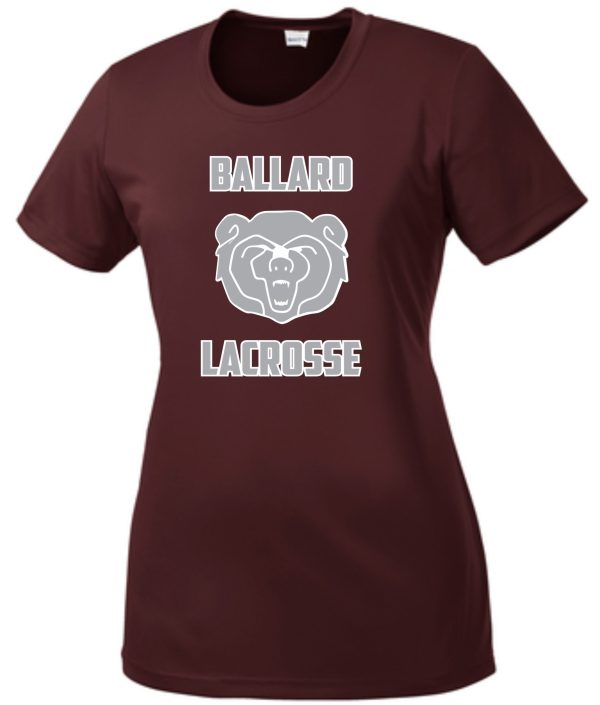 Maroon Ballard Lacrosse LADIES moisture wicking Tshirt LST350 with a white "ballard lacrosse" logo featuring a stylized bear's head above the text.