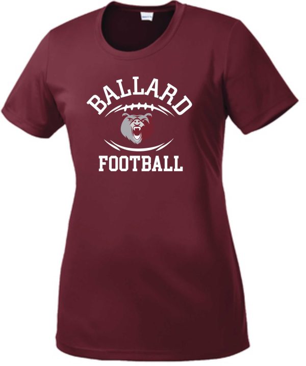 Maroon Ballard Football LADIES moisture wicking Tshirt LST350 with "ballard football" text and a graphic of a bear's face and claws.