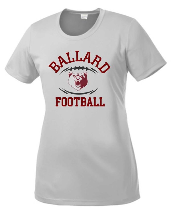 Ballard Football LADIES moisture wicking Tshirt LST350 with "ballard football" text and a graphic of a growling bear face in red and black colors.