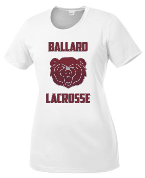 Ballard Lacrosse LADIES moisture wicking Tshirt LST350 with "ballard lacrosse" text and a maroon bear logo on the front.