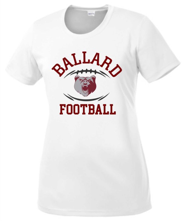 Ballard Football LADIES moisture wicking Tshirt LST350 with "ballard football" text and a graphic of a snarling bear's face in red and gray colors.