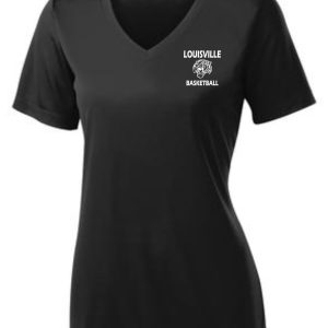 Black Louisville Tigers Basketball Ladies V Neck jersey with the text "louisville basketball" and a basketball logo on the left chest area.