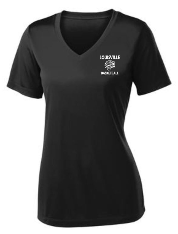 Black Louisville Tigers Basketball Ladies V Neck jersey with the text "louisville basketball" and a basketball logo on the left chest area.