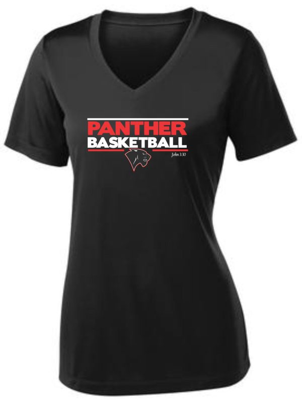 Heart For Christ basketball ladies v-neck sports t-shirt with a "panther basketball" logo and a small panther head silhouette in white.