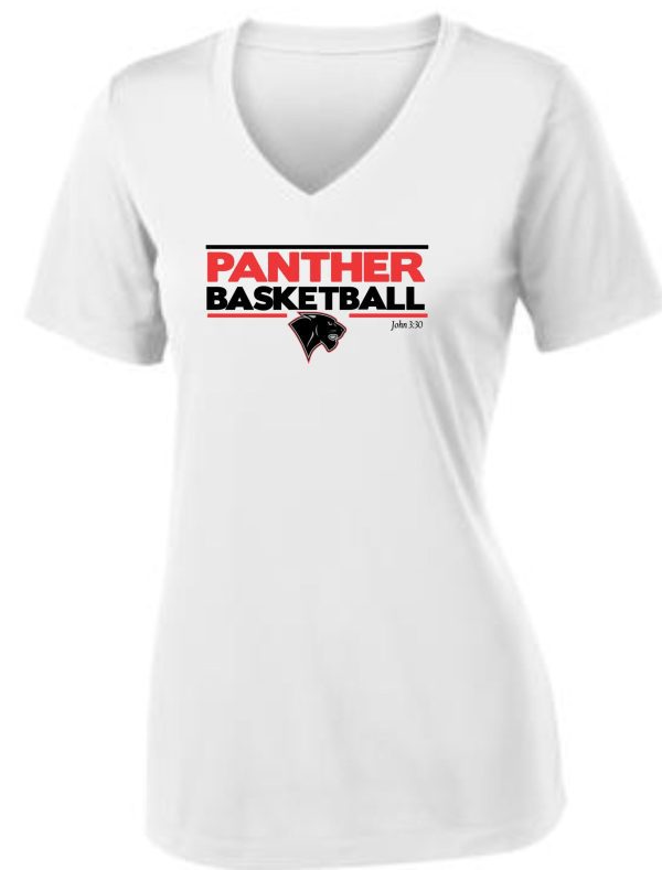 Heart For Christ Basketball Ladies V Neck jersey LST353 with "panther basketball" logo and a panther head graphic on the front.