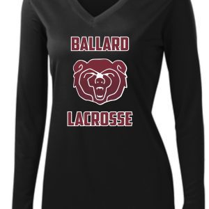 Black Ballard Lacrosse long sleeve wicking Womens V Neck  LST353LS with "ballard lacrosse" and a bear logo in maroon and white on the front.