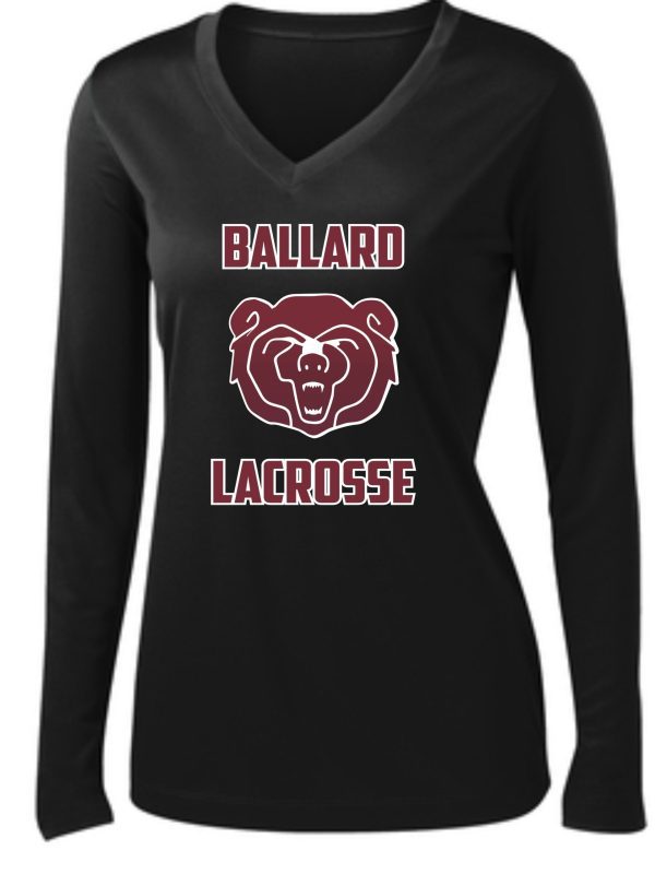 Black Ballard Lacrosse long sleeve wicking Womens V Neck  LST353LS with "ballard lacrosse" and a bear logo in maroon and white on the front.