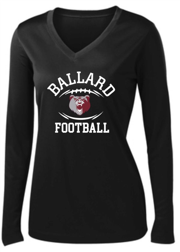 Ballard Football LADIES L/S wicking V neck- LST353LS with "ballard football" and a bear logo printed on the front.