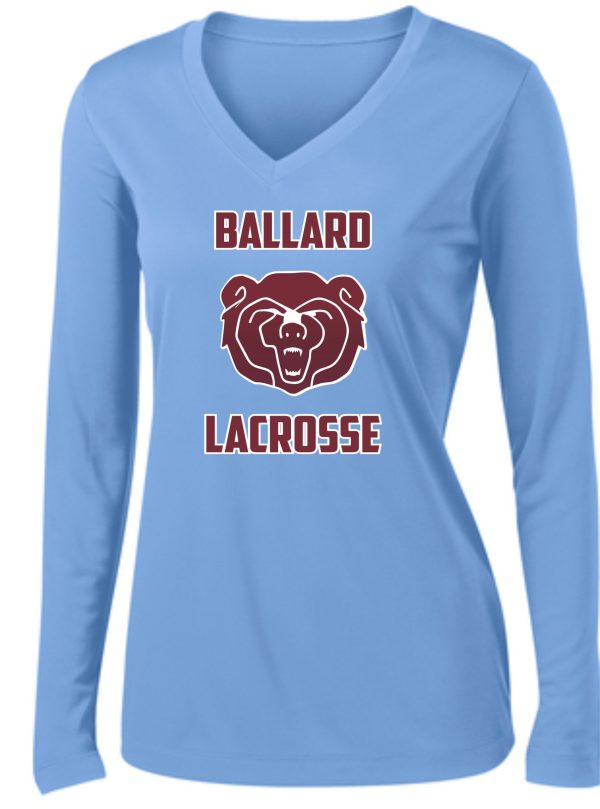 Ballard Lacrosse long sleeve wicking Womens V Neck LST353LS with "ballard lacrosse" and a bear logo printed in red on the front.