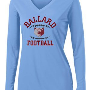 Light blue Ballard Football LADIES L/S wicking V neck t-shirt with "ballard football" and a graphic of a bulldog's face on the front.