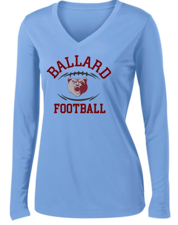 Light blue Ballard Football LADIES L/S wicking V neck t-shirt with "ballard football" and a graphic of a bulldog's face on the front.