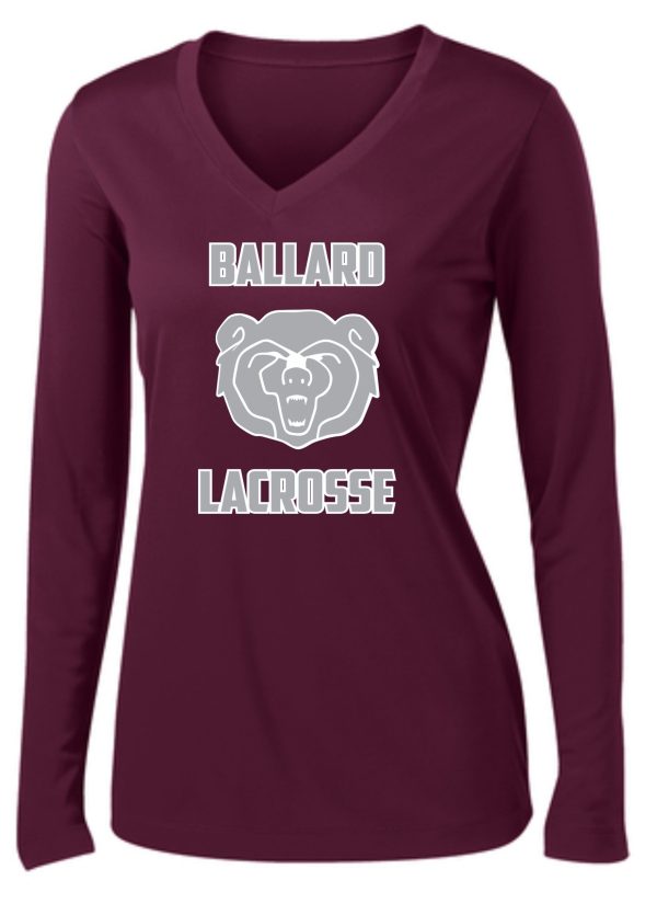 A maroon Ballard Lacrosse long sleeve wicking Womens V Neck LST353LS featuring a graphic of a bear's head and the words "ballard lacrosse" in white.