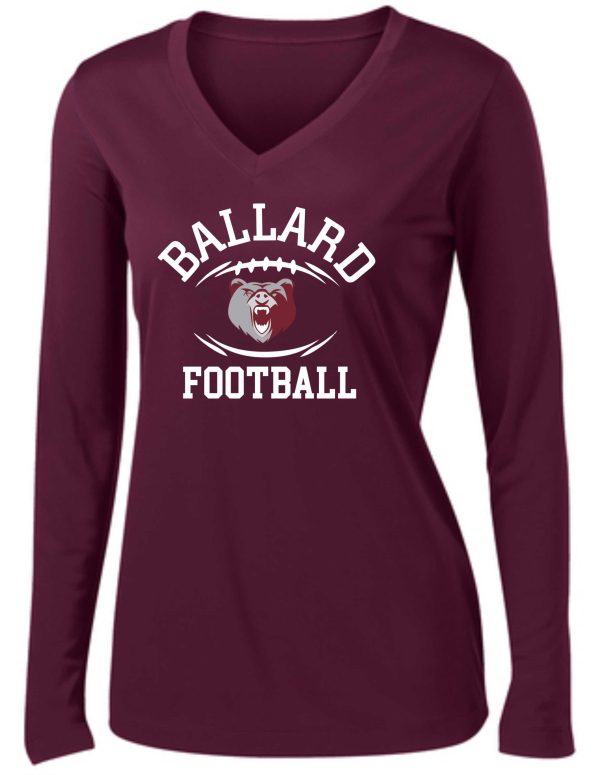 A Ballard Football LADIES L/S wicking V neck- LST353LS with "ballard football" text and a graphic of a bear's face on the front.