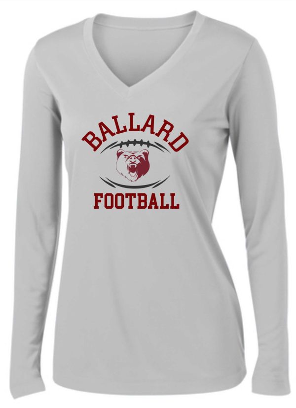 Ballard Football LADIES L/S wicking V neck- LST353LS with "ballard football" text and a red bear mascot logo on the chest.