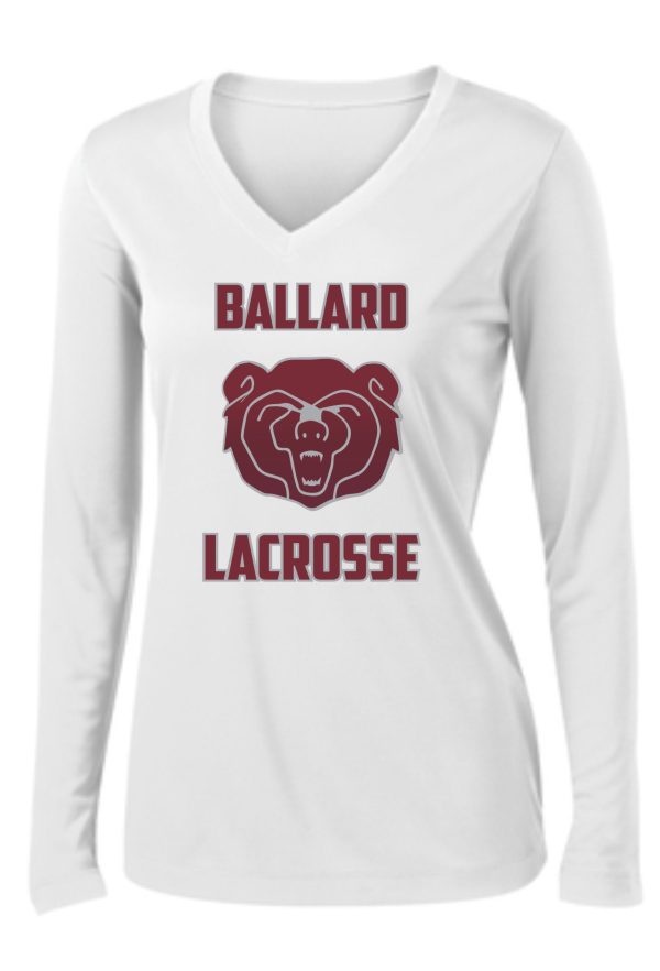 White Ballard Lacrosse long sleeve wicking Womens V Neck LST353LS shirt featuring a maroon "ballard lacrosse" logo and a stylized bear's head.