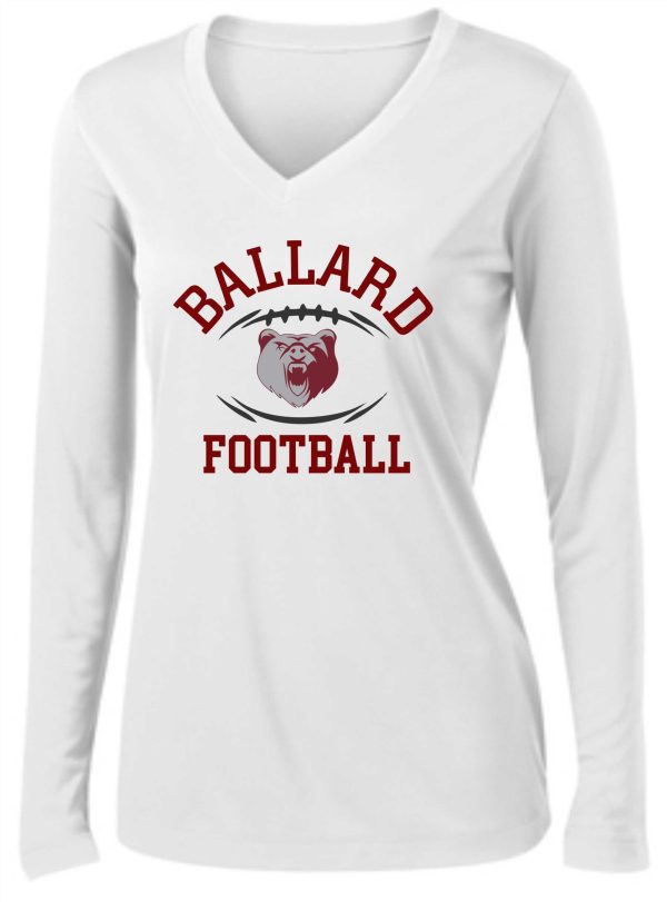 Ballard Football LADIES L/S wicking V neck- LST353LS with "ballard football" text and a bear mascot graphic in red and black on the front.