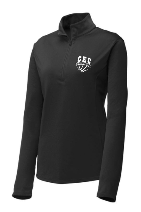 Black long-sleeve pullover with a high collar and a white logo on the left chest that reads "CEC Girls Basketball Womens 1/4 zip LST357" with a diamond and wings design.