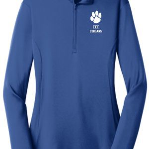 Blue CEC Basketball Womens 1/4 zip pullover featuring a white "cec cougars" logo with a paw print on the left chest.