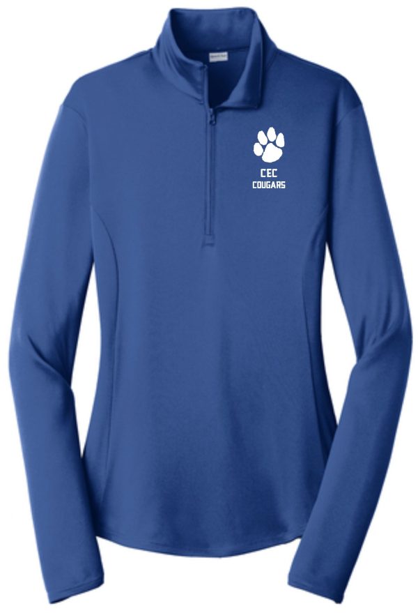 Blue CEC Basketball Womens 1/4 zip pullover featuring a white "cec cougars" logo with a paw print on the left chest.