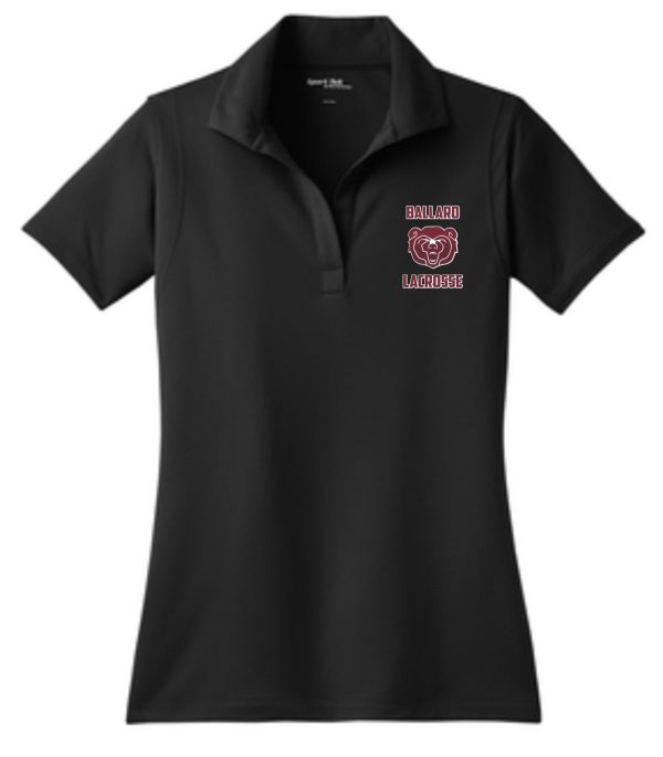 Black Ballard Lacrosse Womens Sport Wick embroidered polo LST650 with a "ballard lacrosse" logo embroidered on the left chest area.