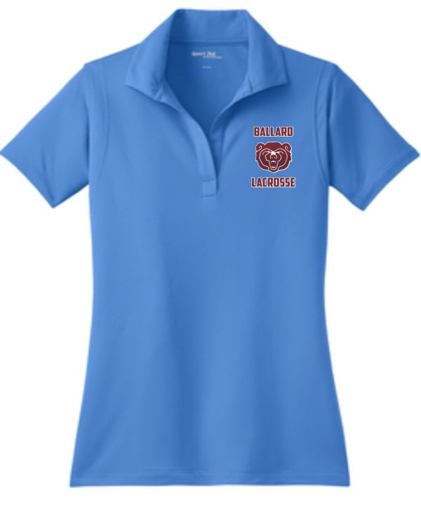 Blue polo shirt with a Ballard Lacrosse Womens Sport Wick embroidered polo LST650 logo on the left chest area.