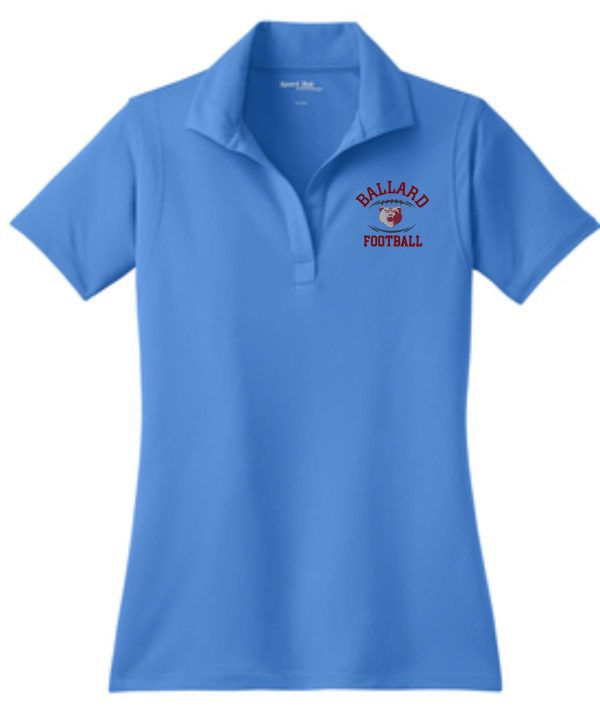 Blue Ballard Football Womens Sport Wick embroidered polo shirt with the words "ballard football" and a football logo embroidered on the left chest area.