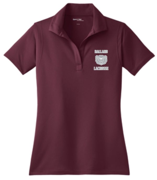 Maroon polo shirt with Ballard Lacrosse Womens Sport Wick logo featuring a tree design embroidered on the left chest area.