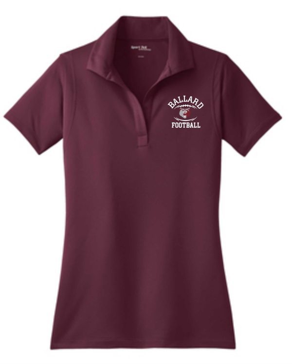 A burgundy polo shirt with a collar, branded with the "Ballard Football Womens Sport Wick embroidered polo LST650" logo embroidered on the left chest area.